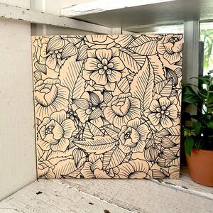 Pressed Wood Black Floral Outline Wall Plaque Hanging Wall Art 11” Flower Boho